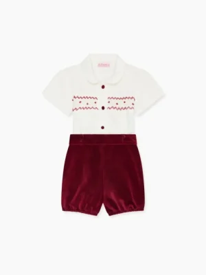 La Coqueta View All | Dresses & Sets^Burgundy Bautista Velvet Baby Boy Hand-Smocked Set