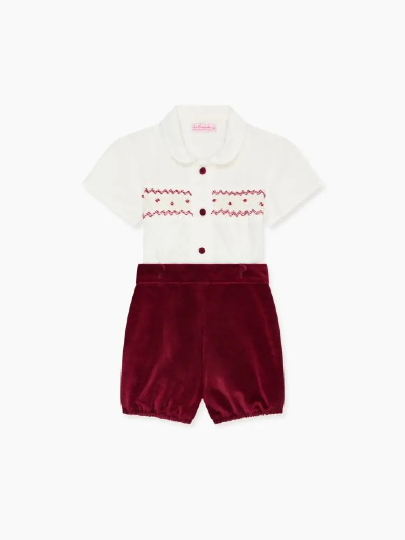 La Coqueta View All | Dresses & Sets^Burgundy Bautista Velvet Baby Boy Hand-Smocked Set