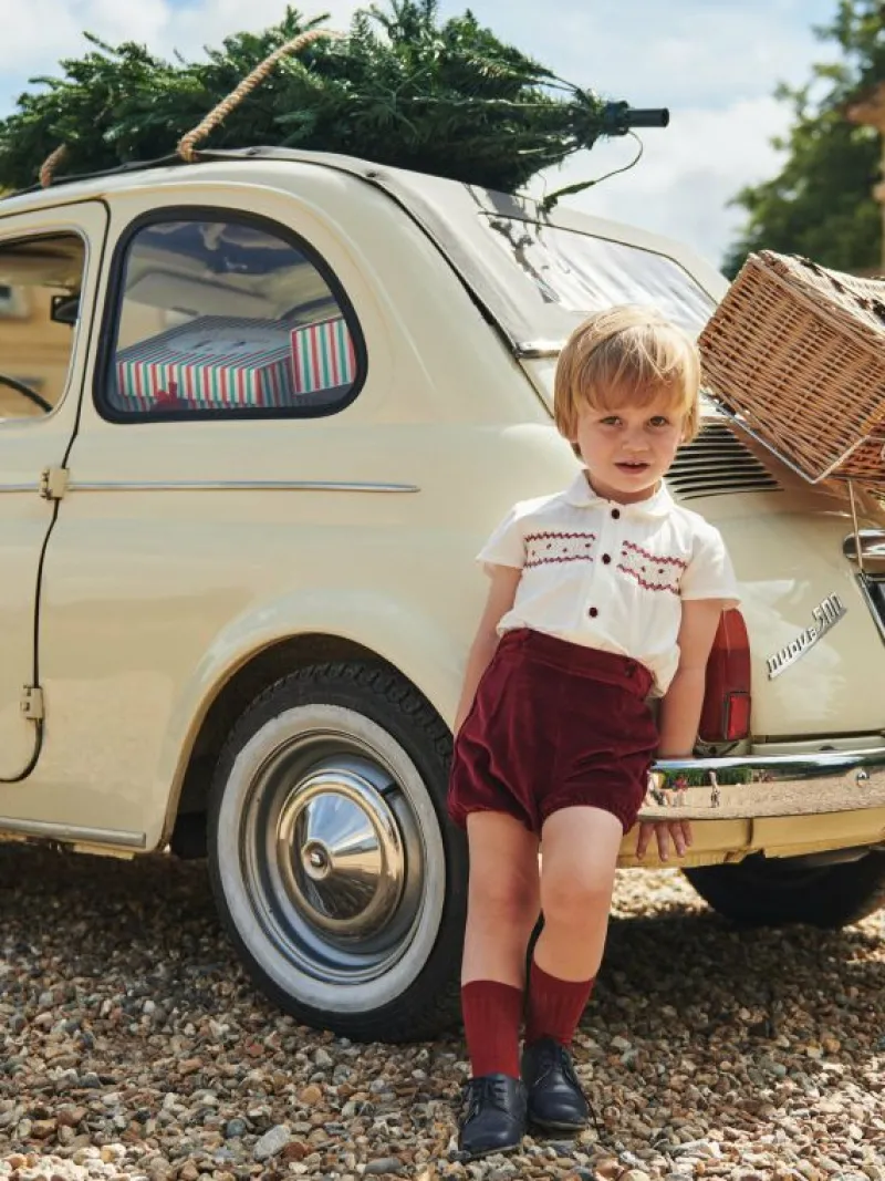 La Coqueta View All | Dresses & Sets^Burgundy Bautista Velvet Baby Boy Hand-Smocked Set