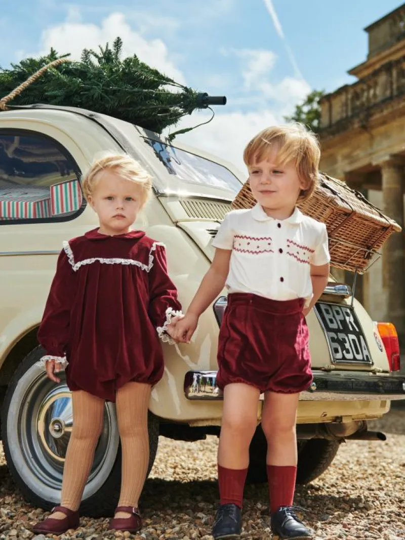 La Coqueta View All | Dresses & Sets^Burgundy Bautista Velvet Baby Boy Hand-Smocked Set