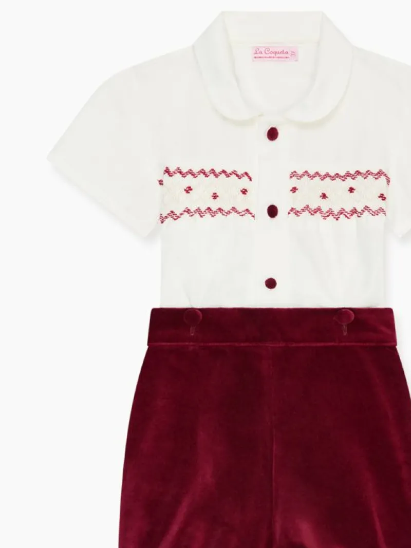 La Coqueta View All | Dresses & Sets^Burgundy Bautista Velvet Baby Boy Hand-Smocked Set