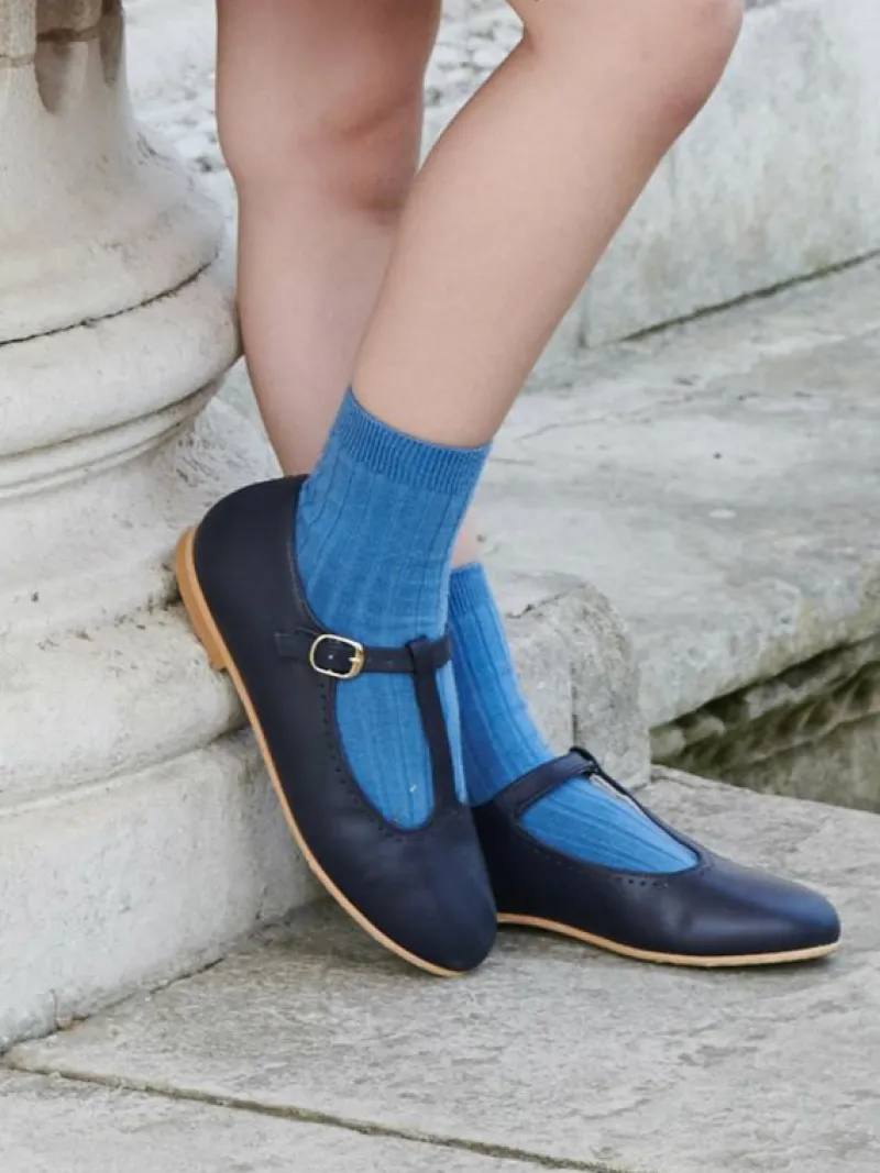 La Coqueta View All | Socks & Tights^Dusty Blue Ribbed Short Kids Socks