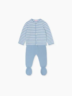 La Coqueta View All | Knitted Clothes & Accessories^Dusty Blue Stripe Pinto Merino Baby Knitted Set