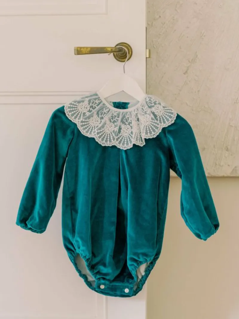 La Coqueta View All | Playsuits, Rompers & Overalls^Emerald Lucia Velvet Baby Girl Romper