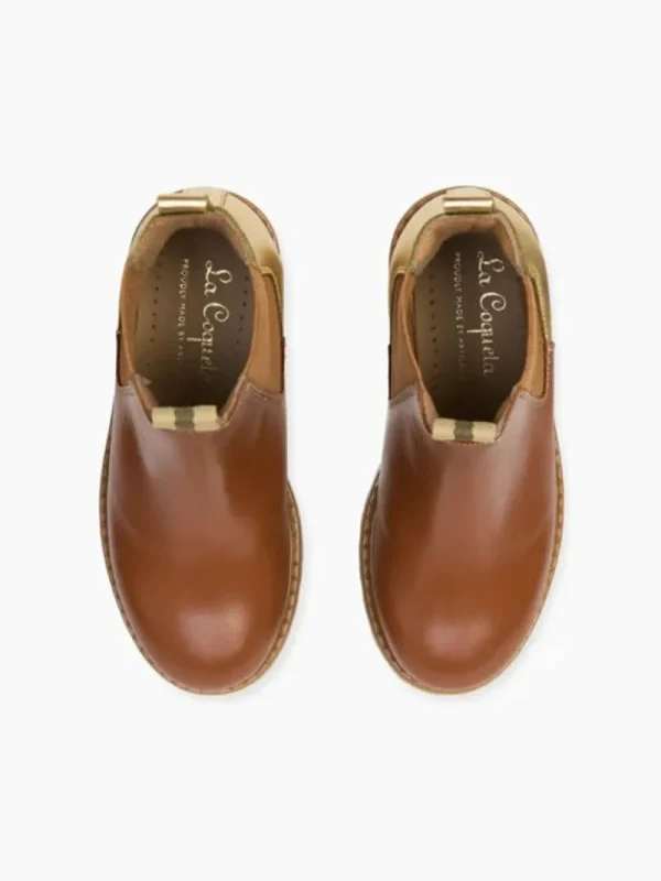 La Coqueta Girls Boots | Girls Shoes/Girls Boots^Gold & Tan Leather Girl Chelsea Boots
