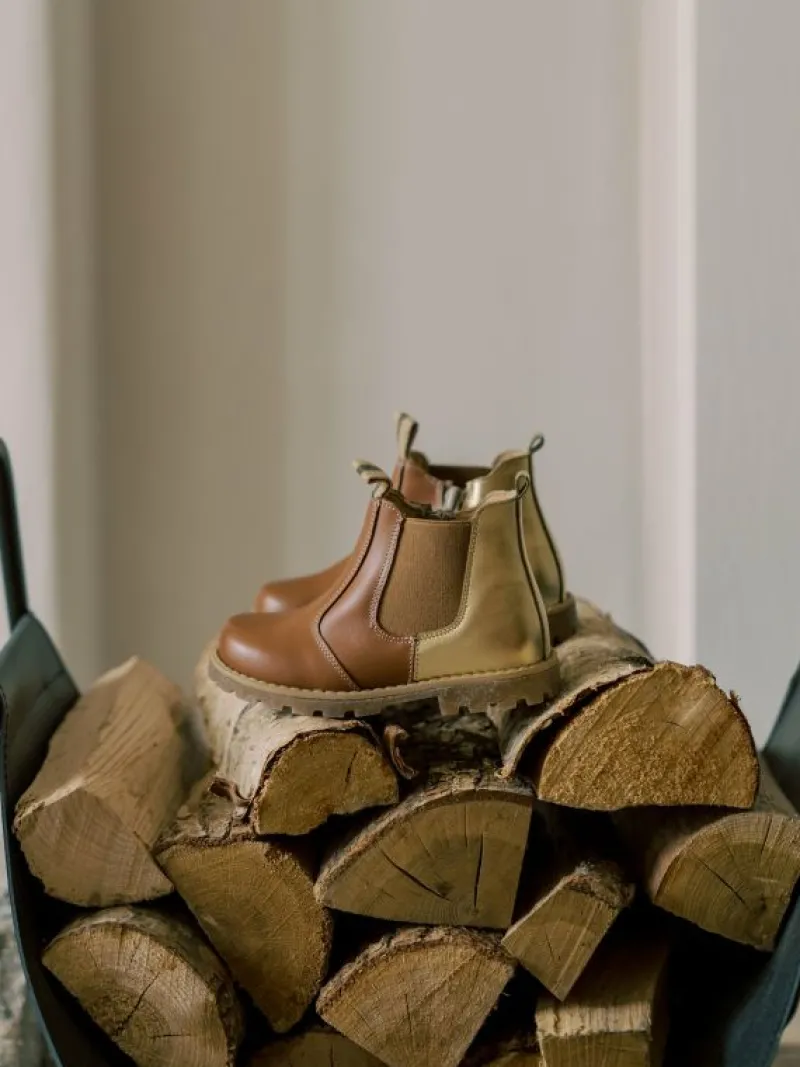 La Coqueta Girls Boots | Girls Shoes/Girls Boots^Gold & Tan Leather Girl Chelsea Boots