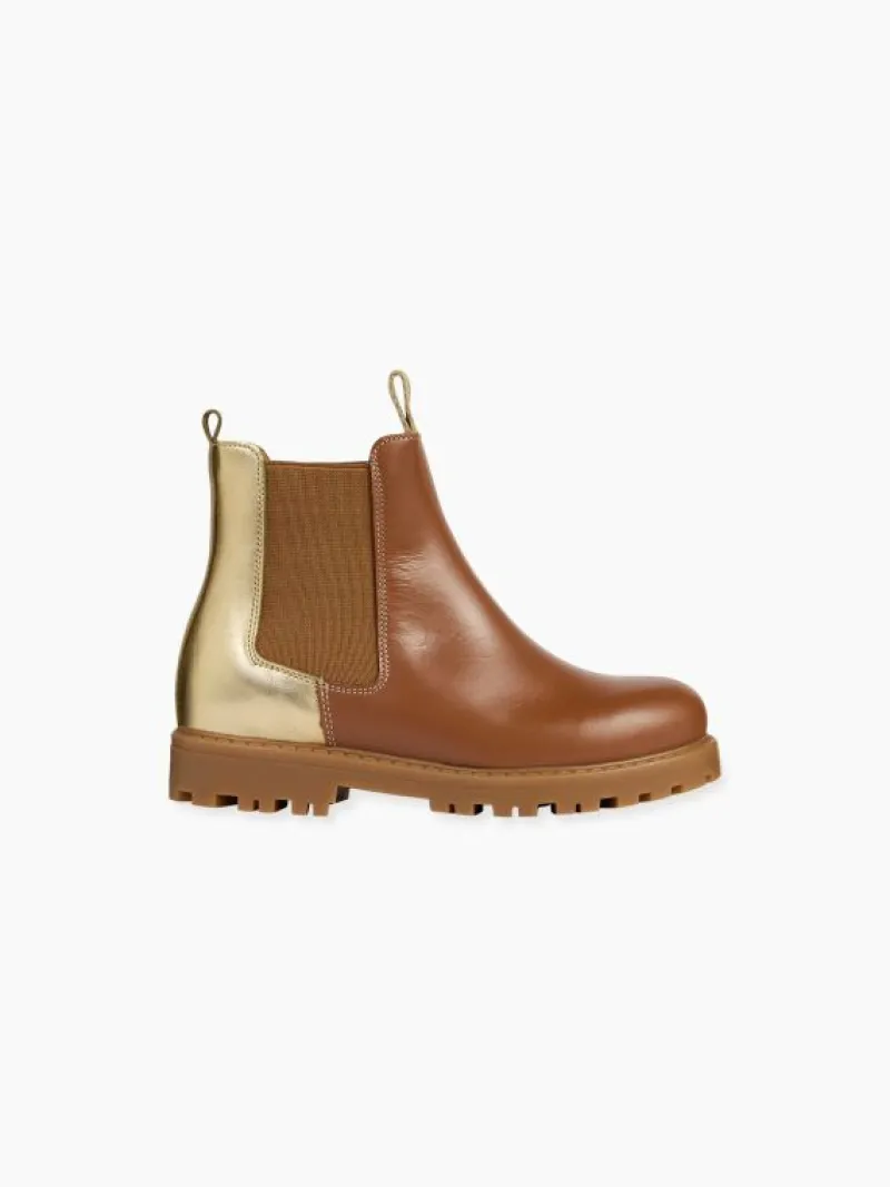 La Coqueta Girls Boots | Girls Shoes/Girls Boots^Gold & Tan Leather Girl Chelsea Boots