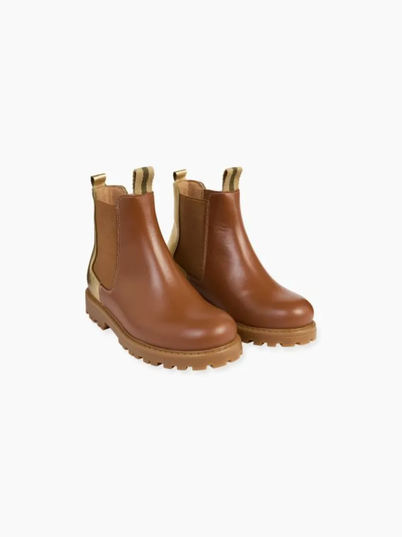 La Coqueta Girls Boots | Girls Shoes/Girls Boots^Gold & Tan Leather Girl Chelsea Boots