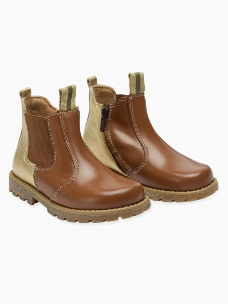 La Coqueta Girls Boots | Girls Shoes/Girls Boots^Gold & Tan Leather Girl Chelsea Boots