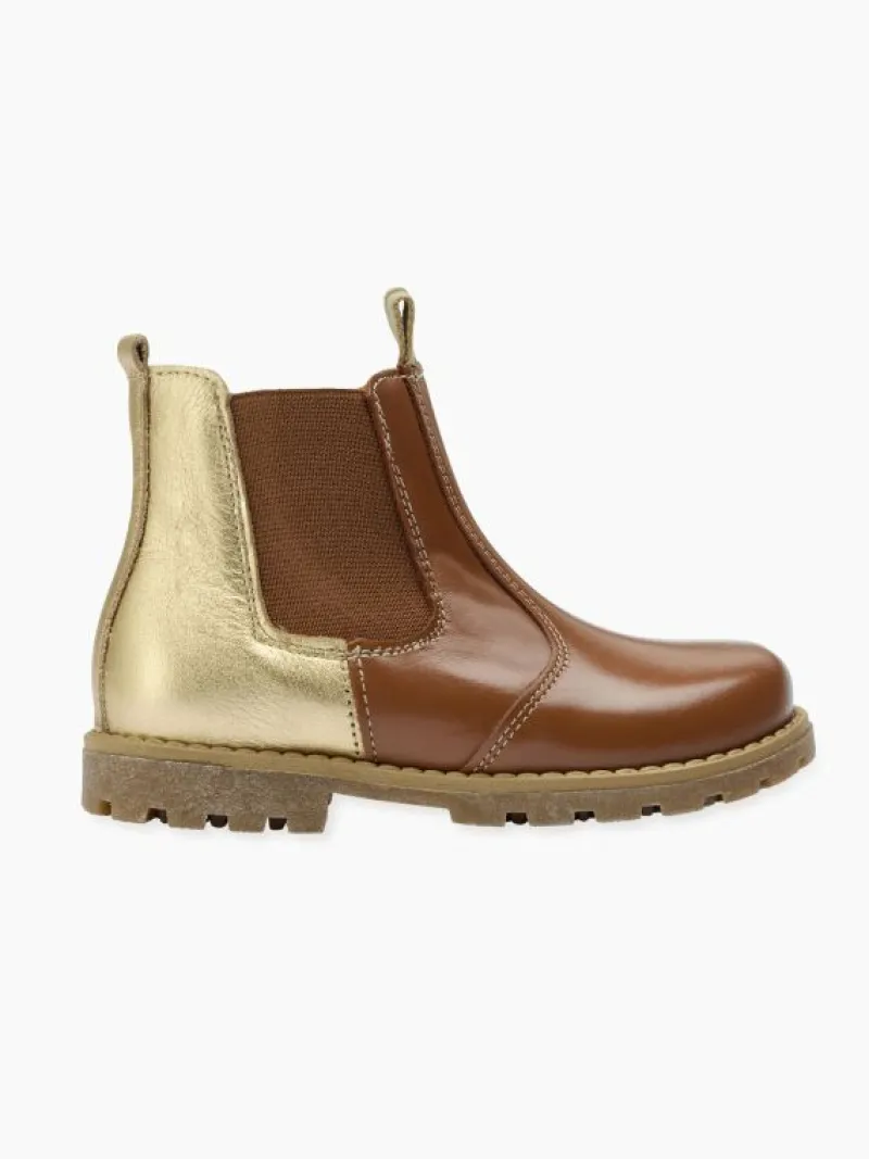 La Coqueta Girls Boots | Girls Shoes/Girls Boots^Gold & Tan Leather Girl Chelsea Boots