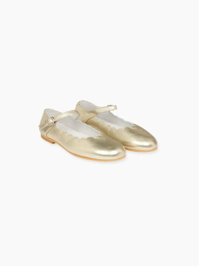 La Coqueta Girls Mary Jane Shoes | Girls Shoes/Girls Mary Jane Shoes^Gold Leather Girl Scallop Mary Jane Shoes