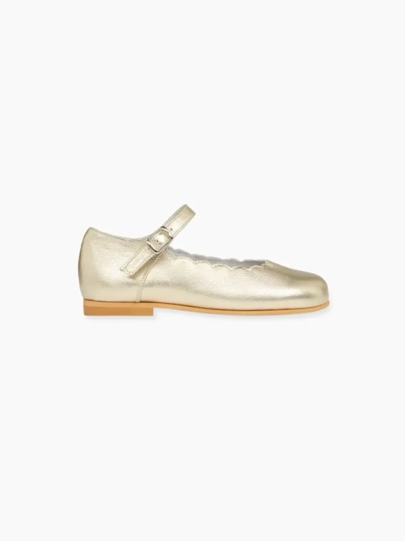 La Coqueta Girls Mary Jane Shoes | Girls Shoes/Girls Mary Jane Shoes^Gold Leather Girl Scallop Mary Jane Shoes