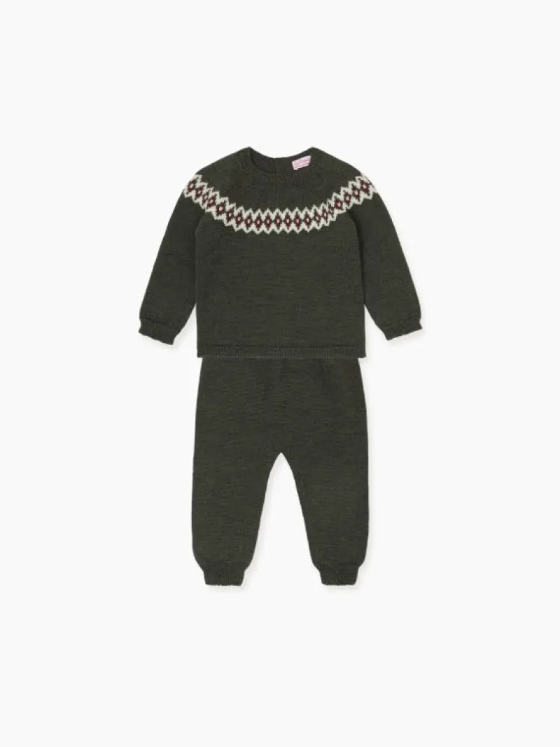 La Coqueta View All | Knitted Clothes & Accessories^Olive Green Merino Fair Isle Knitted Baby Set