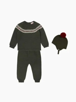 La Coqueta Knitted Clothes & Accessories | Baby Girl^Olive Green Merino Fair Isle Knitted Baby Gift Box Set