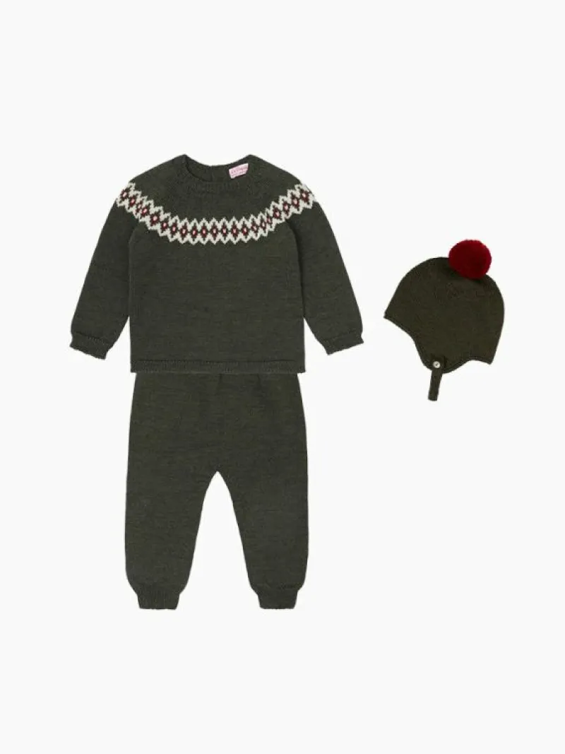 La Coqueta Knitted Clothes & Accessories | Baby Girl^Olive Green Merino Fair Isle Knitted Baby Gift Box Set