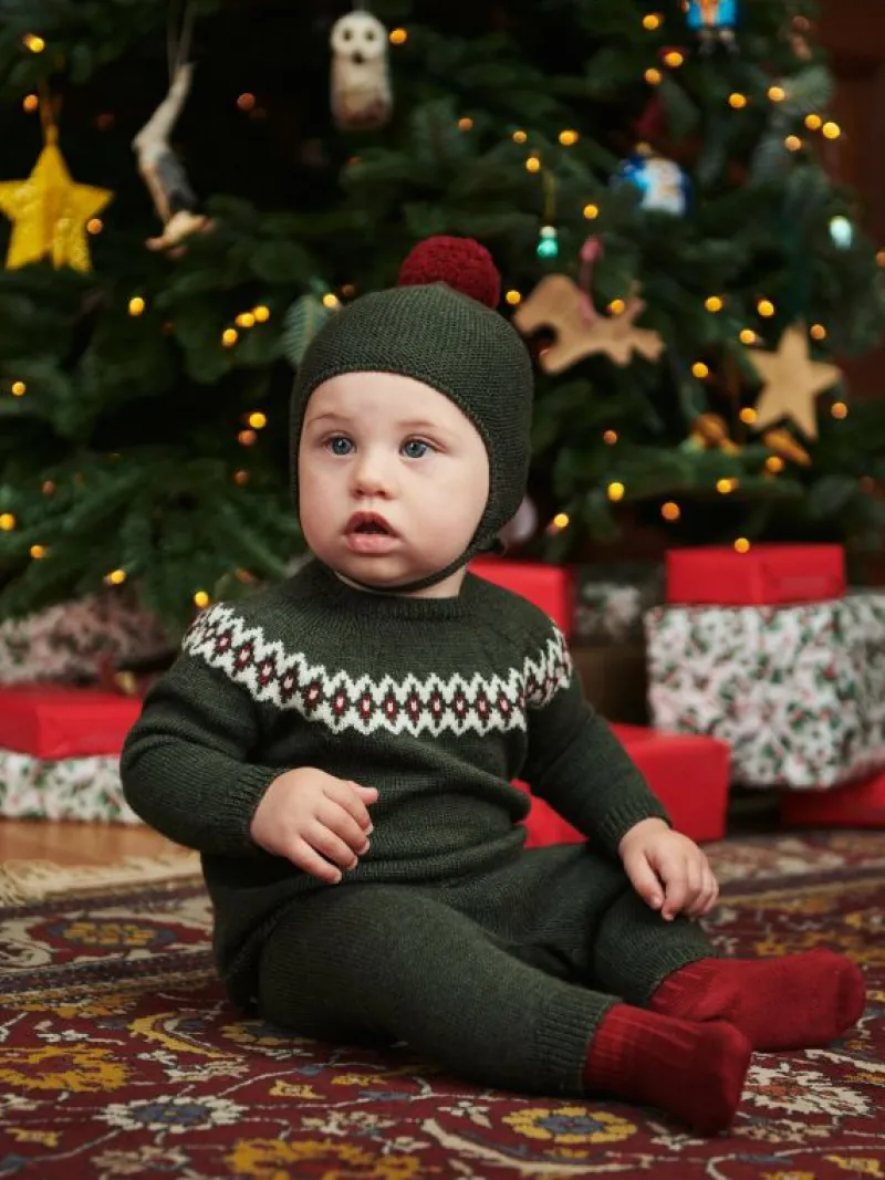 La Coqueta View All | Knitted Clothes & Accessories^Olive Green Merino Fair Isle Knitted Baby Set