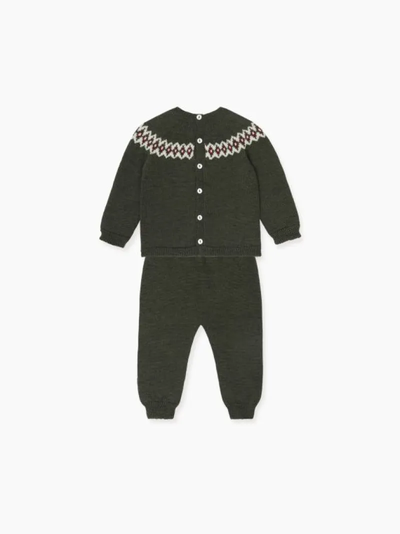 La Coqueta View All | Knitted Clothes & Accessories^Olive Green Merino Fair Isle Knitted Baby Set