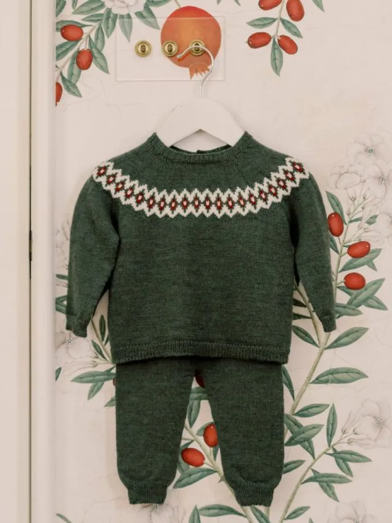 La Coqueta View All | Knitted Clothes & Accessories^Olive Green Merino Fair Isle Knitted Baby Set