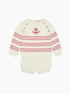 La Coqueta View All | Knitted Clothes & Accessories^Red Stripe Ancla Cotton Baby Knitted Set