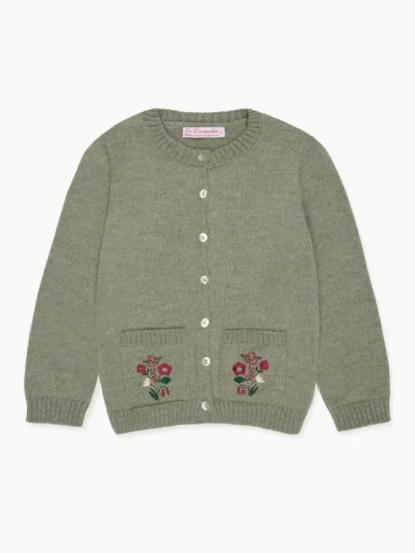 La Coqueta Jumpers & Cardigans^Sage Green Josefina Merino Embroidered Girl Cardigan