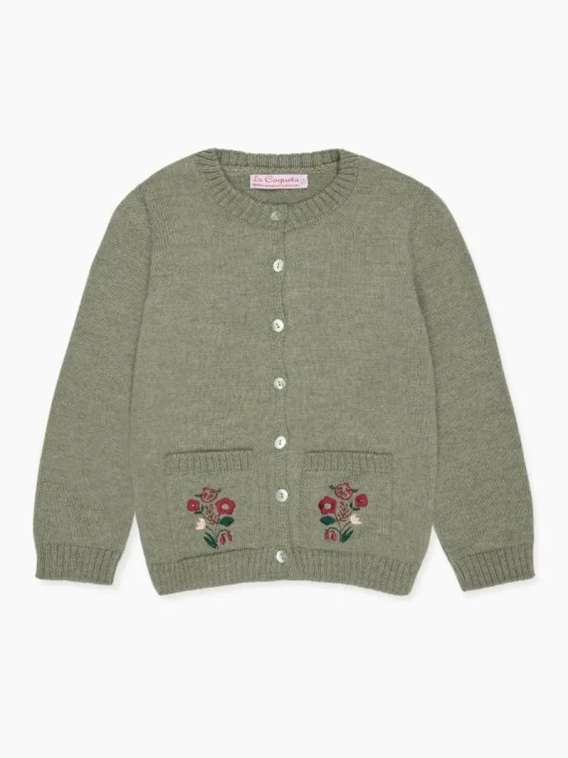 La Coqueta Jumpers & Cardigans^Sage Green Josefina Merino Embroidered Girl Cardigan