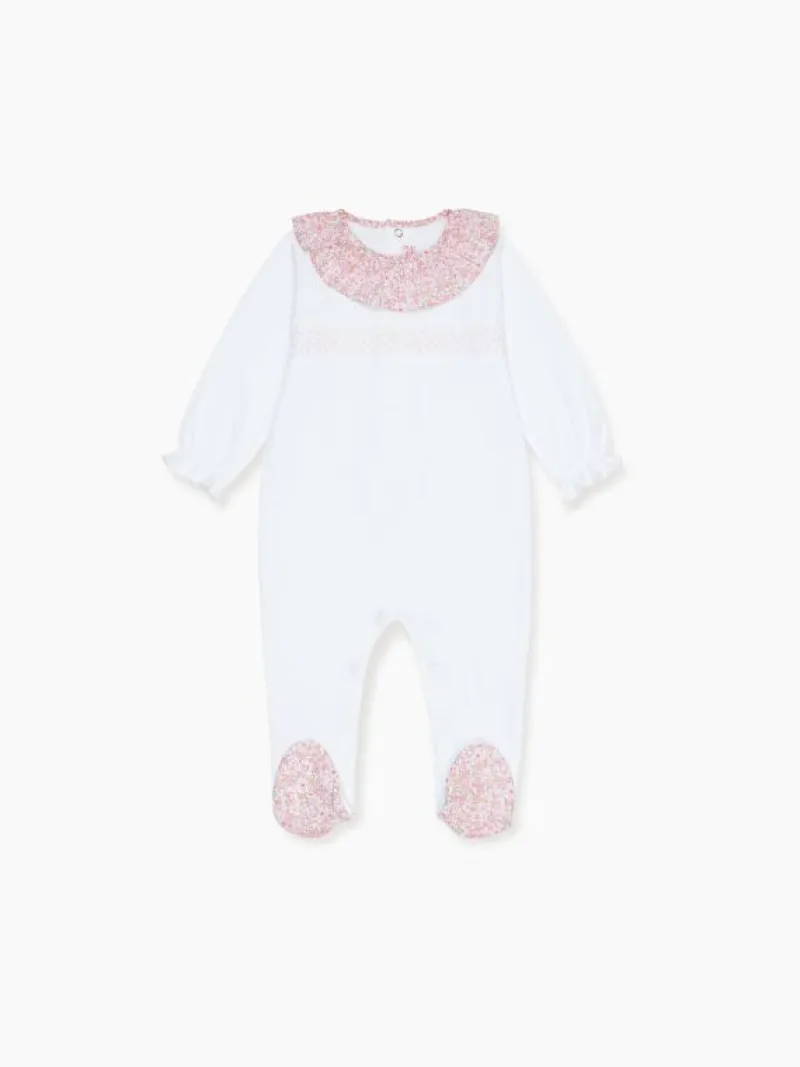 La Coqueta View All | Sleepsuits & Bodysuits^White Flora Baby Girl Smock Sleepsuit