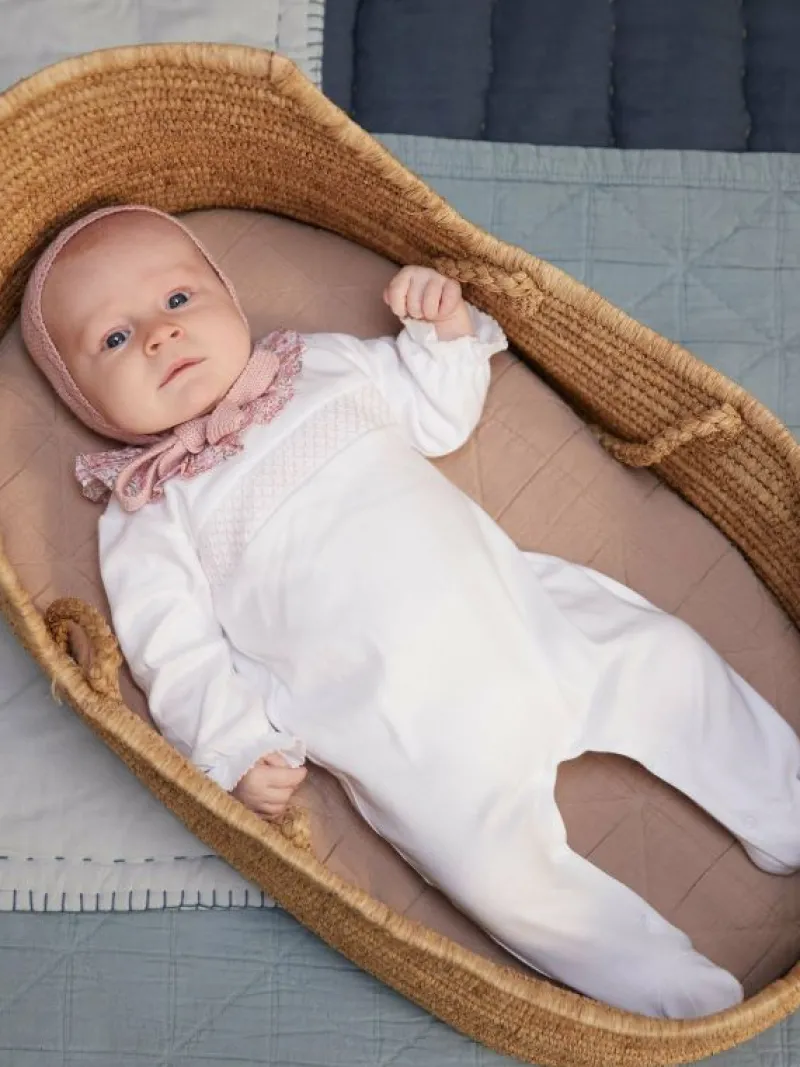La Coqueta View All | Sleepsuits & Bodysuits^White Flora Baby Girl Smock Sleepsuit