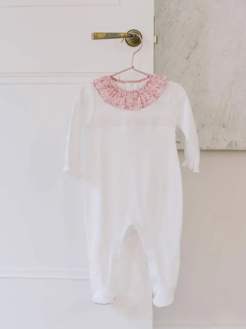 La Coqueta View All | Sleepsuits & Bodysuits^White Flora Baby Girl Smock Sleepsuit