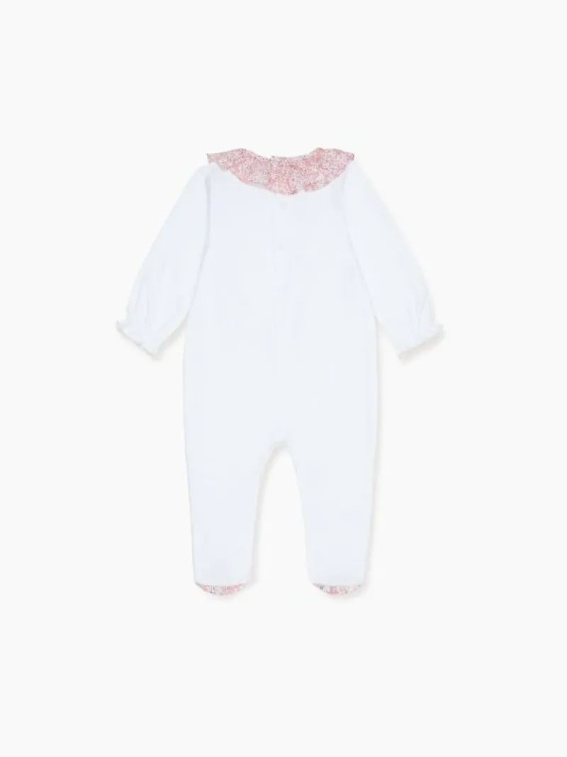 La Coqueta View All | Sleepsuits & Bodysuits^White Flora Baby Girl Smock Sleepsuit